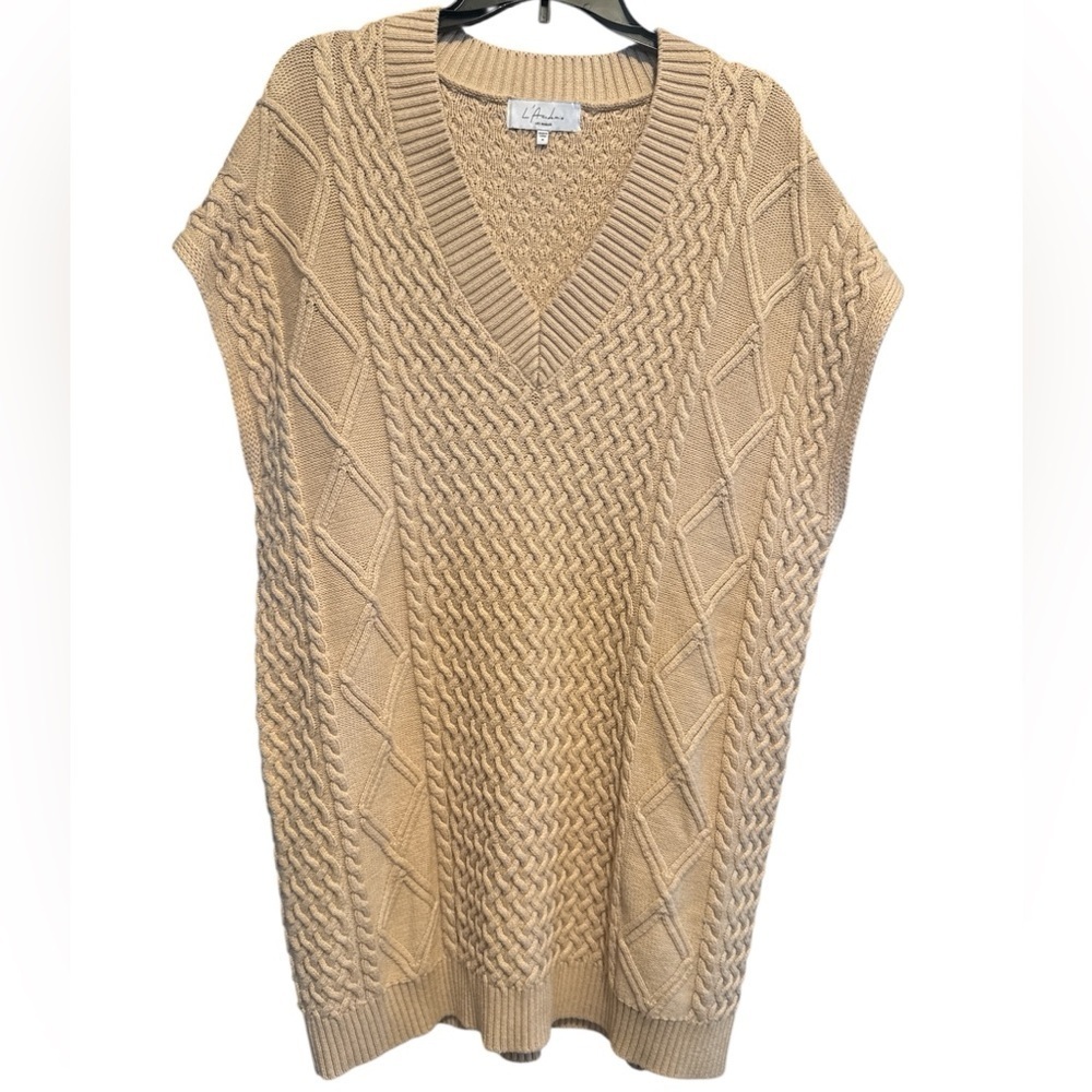 L'academie Beige Short Sleeve Sweater Dress Sz Medium